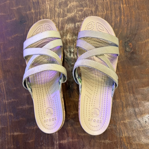 Women’s Crocs A-Leigh Leather Upper Cork Platform Wedge Slide On Sandals Size 8 - Picture 3 of 7